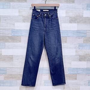 Levis Premium Ribcage Straight Ankle Jeans Black Button Fly High Rise Womens 24